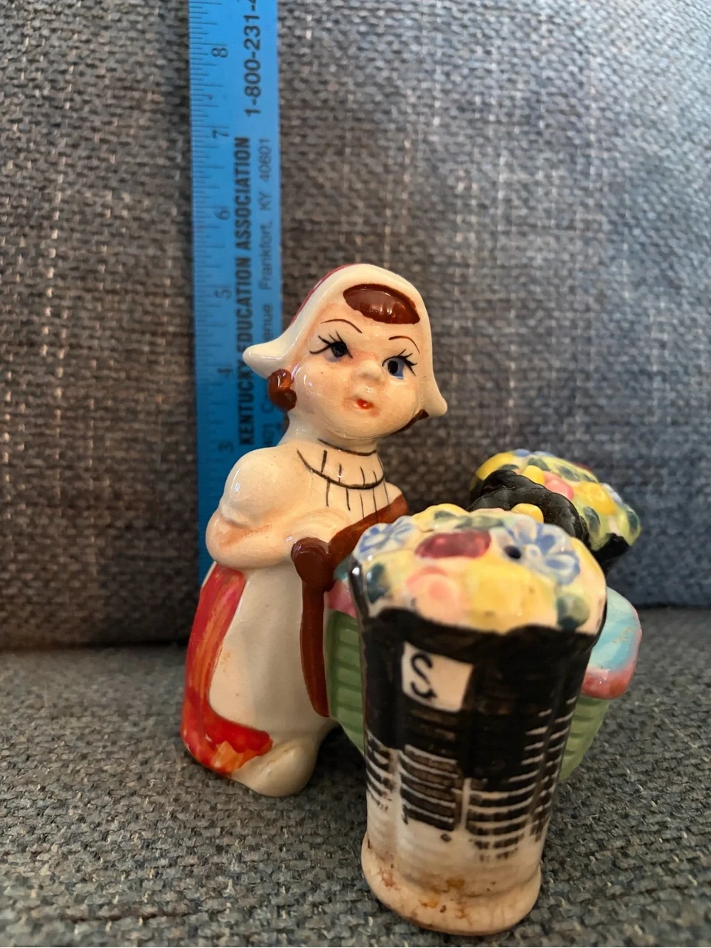 Vintage Figurine of Girl with Flower Basket Salt and Pepper Shakers
